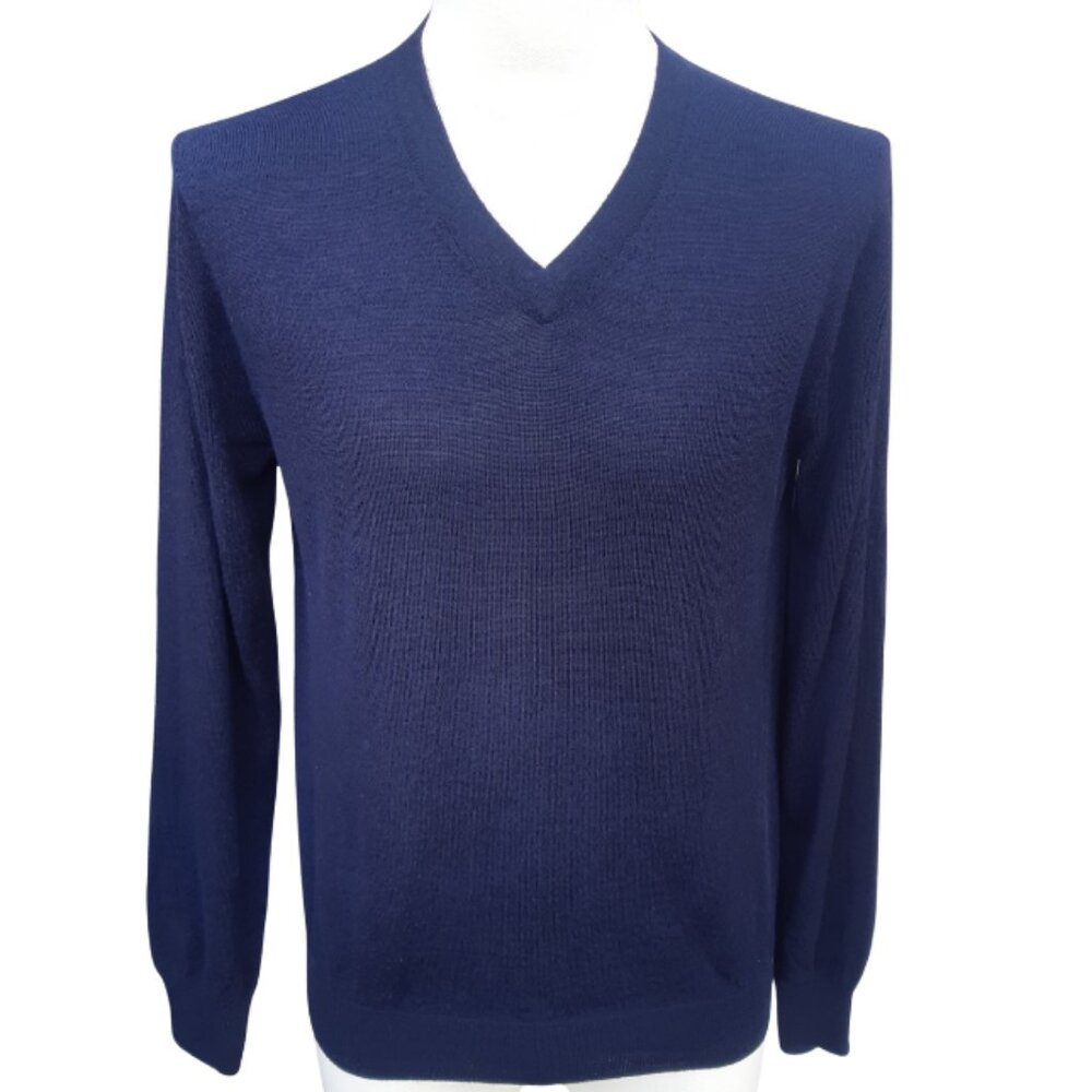 Davis & Squire SZ M Navy V-Neck fine Knit Pullover Men's Sweater